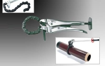 Цепной труборез применяют для резки труб из хрупких материалов: керамики, бетона, чугуна