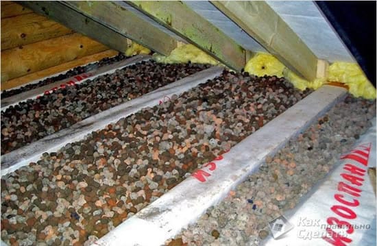 Сверху на доски насыпают керамзит