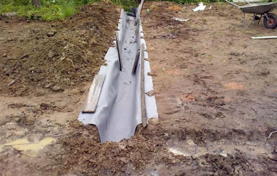 Укладываем на дно траншеи геотекстель