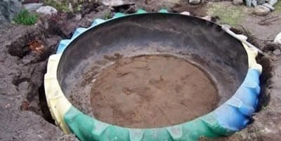 Выкапываем котлован и укладываем покрышку